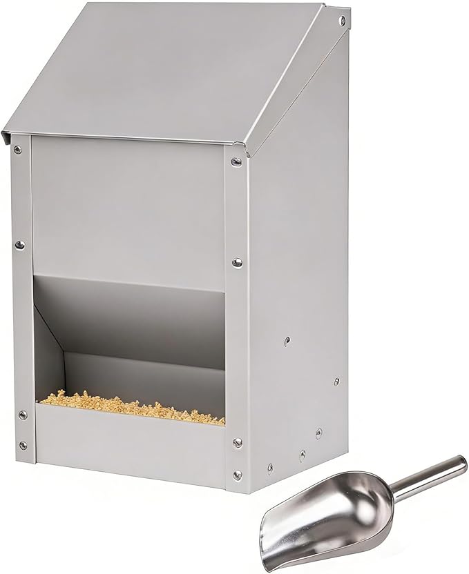 Automatic Chicken Feeder 10lb Metal Chicken Feeders with Lid No Waste Duck Feeder Hanging Chicken Feeder Trough with Scoop for Chickens Ducks Goose Poultry (Small Size)