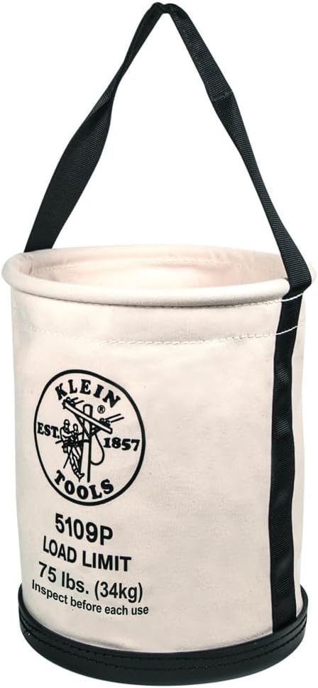 Klein Tools 5109P Canvas Bucket, Wide Straight Wall Tool Bucket with Pocket, Made of No. 6 Canvas and Black Molded Bottom, 75Lb Load Rated