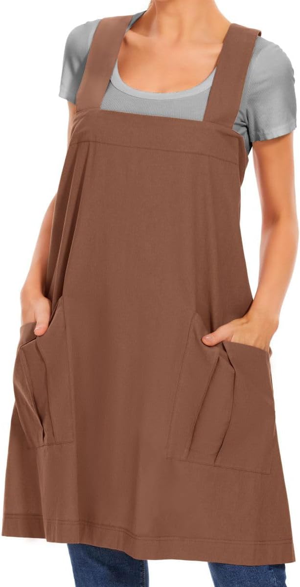 Larmliss Women's Cotton Cross Back Apron Pinafore Dress with Big Pockets Loose Square Apron for Baking Cooking Gardening