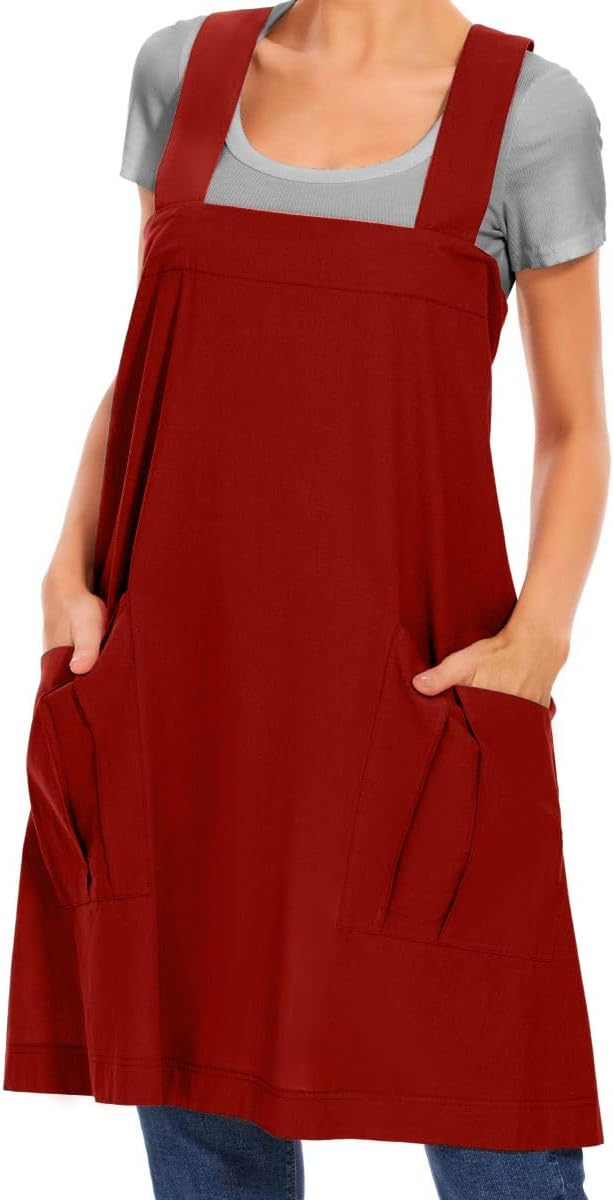 Larmliss Women's Cotton Cross Back Apron Pinafore Dress with Big Pockets Loose Square Apron for Baking Cooking Gardening