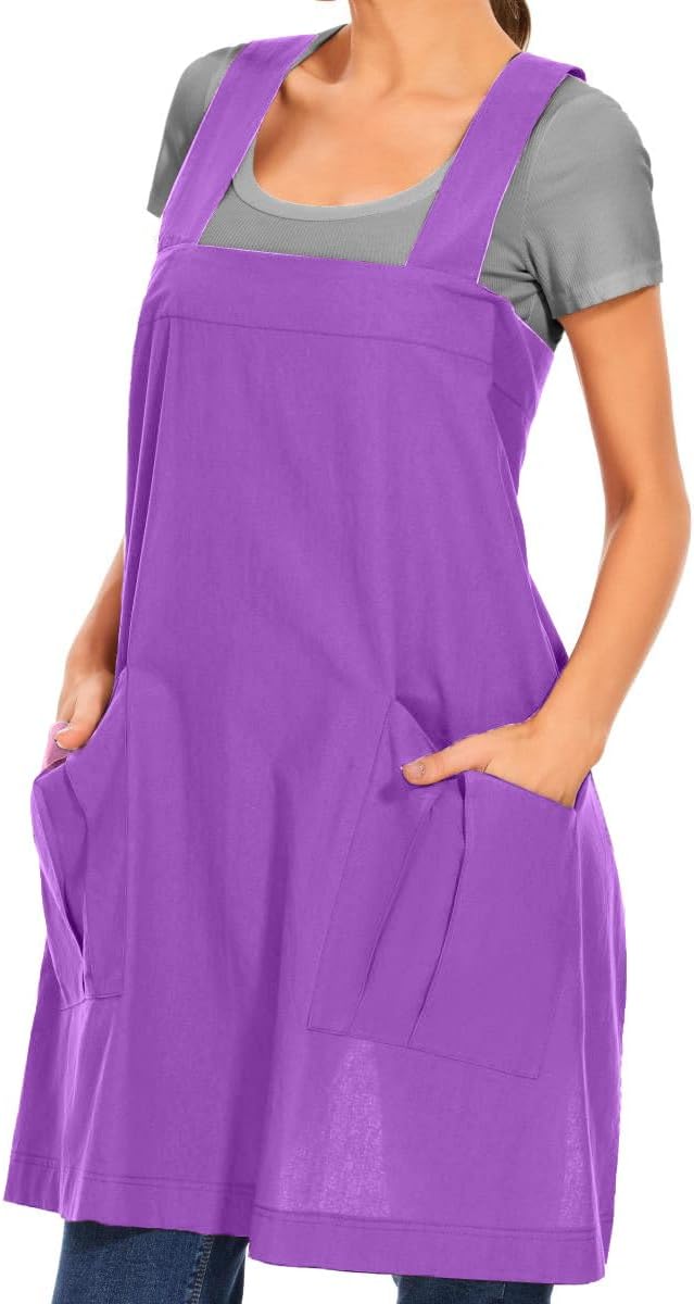Larmliss Women's Cotton Cross Back Apron Pinafore Dress with Big Pockets Loose Square Apron for Baking Cooking Gardening