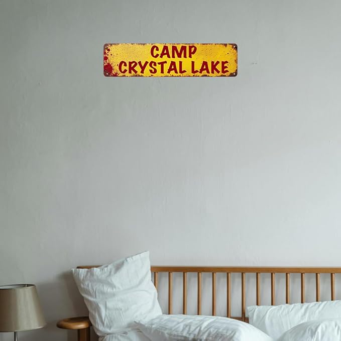 Horror Decor Camp Crystal Lake Street Sign Vintage Metal Tin Signs Horror Movie Decor Halloween Posters Man Cave For Home Kitchen Bathroom Wall Decorations 16x4 Inches