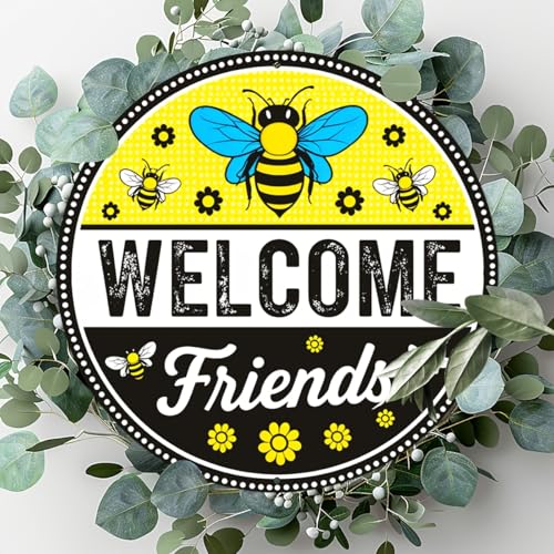 Welcome Friends Round Aluminum Metal Sign Retro Yellow Black Bees Flowers for Home Cafes - 8x8 Inch - Image 4