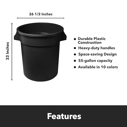 Feed and Seed Storage Container, 55 Gallon Black Round Commercial Trash Can with Lid and Dolly, Food Storage Plastic Bin, Use in Agricultural, Gardening, or Household