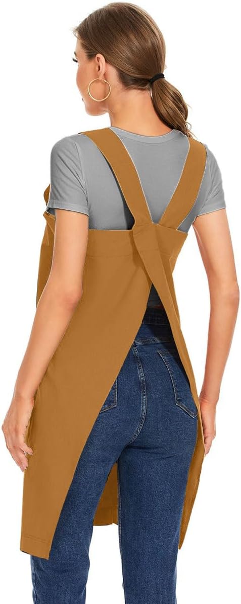 Larmliss Women's Cotton Cross Back Apron Pinafore Dress with Big Pockets Loose Square Apron for Baking Cooking Gardening