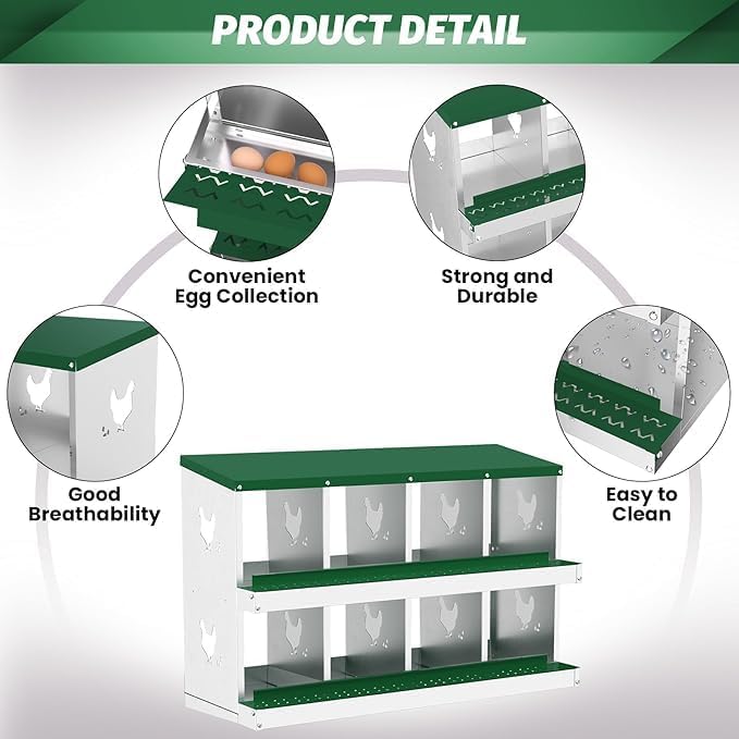 Chicken Nest Box, 8-Compartment Egg-Laying Box, Metal Hen House, Convenient for Collecting Eggs - Ventilated Poultry House Equipment - Suitable for Hens, Ducks Green, Without Stand