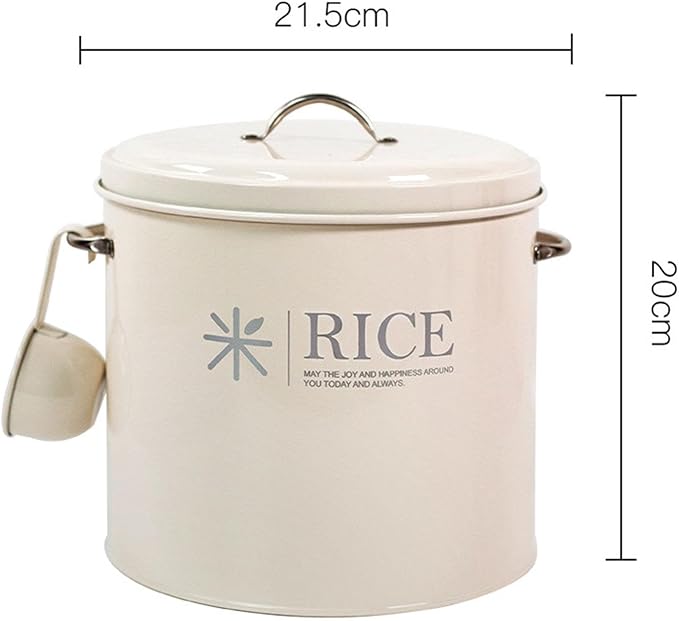 Sealed Food Storage Bin, Iron Rice Container and Measuring Spoon Metal Rice Storage Box Round Rice Canister for Pet Food Home, Style A