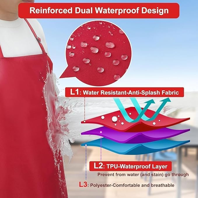 3-Layer Waterproof Apron - Pocket-Free Hygienic Design for Dishwashing & Dog Grooming - Lightweight Durable Protection for messy Kitchen Cooking, Baking, for Men & Women (2 Pack,Red)