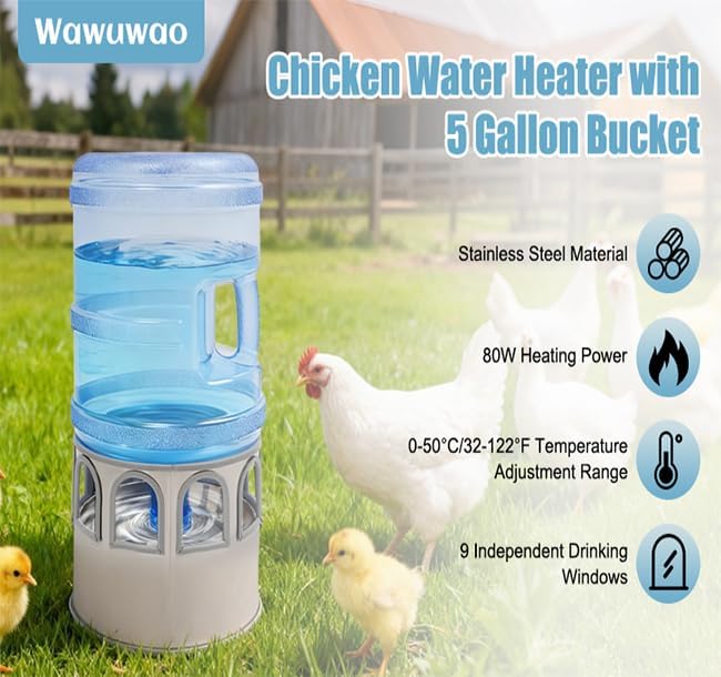Chicken Water Heater with 5 Gallon Bucket, Heated Poultry Waterer with LED Display, Temp Adjustable(32-122℉), 80W, All-Season Use