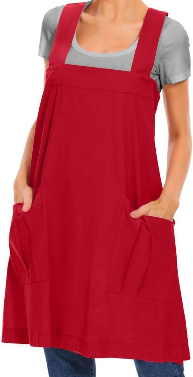 Larmliss Women's Cotton Cross Back Apron Pinafore Dress with Big Pockets Loose Square Apron for Baking Cooking Gardening