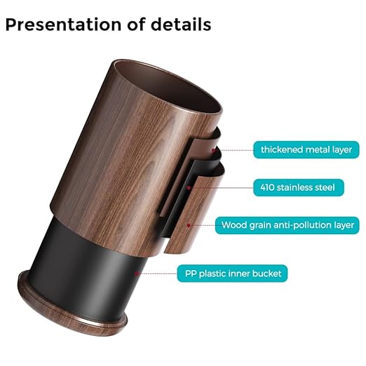 2.1 Gallon Metal Imitation Wood Grain Bathroom Trash Can, Modern, Open Top Wastebasket, Small Garbage Can for Under Desk Kitchen Home Office Bedroom (Round)