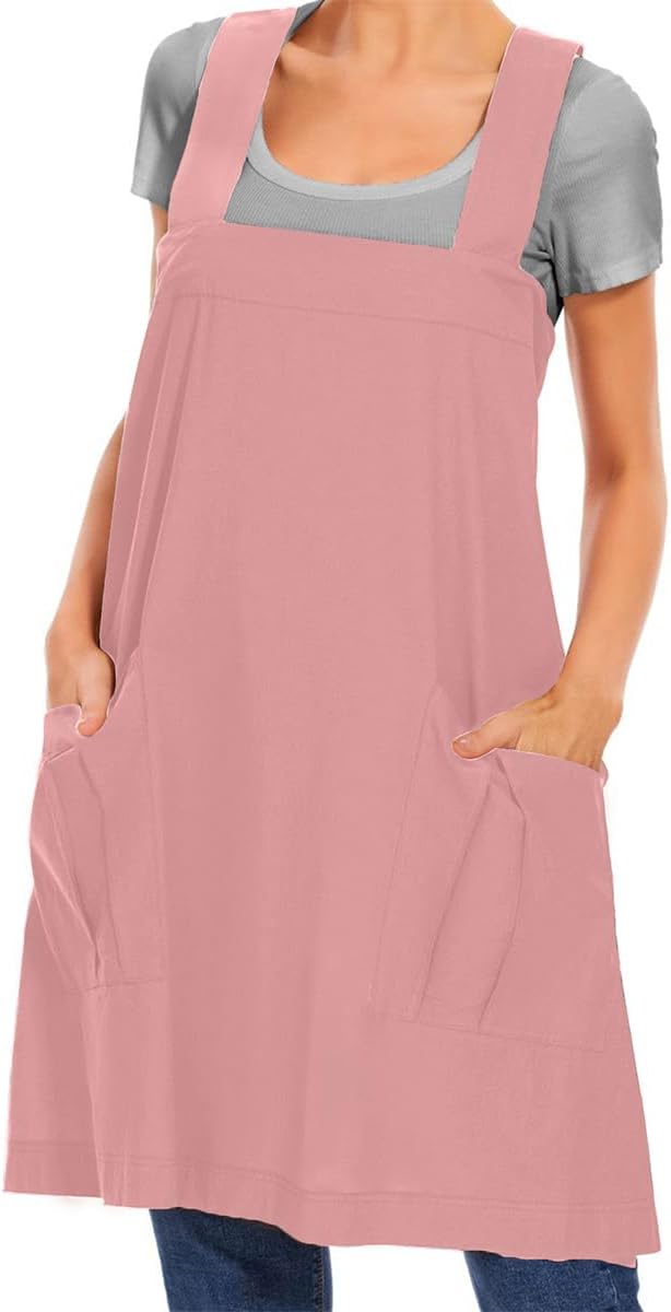 Larmliss Women's Cotton Cross Back Apron Pinafore Dress with Big Pockets Loose Square Apron for Baking Cooking Gardening