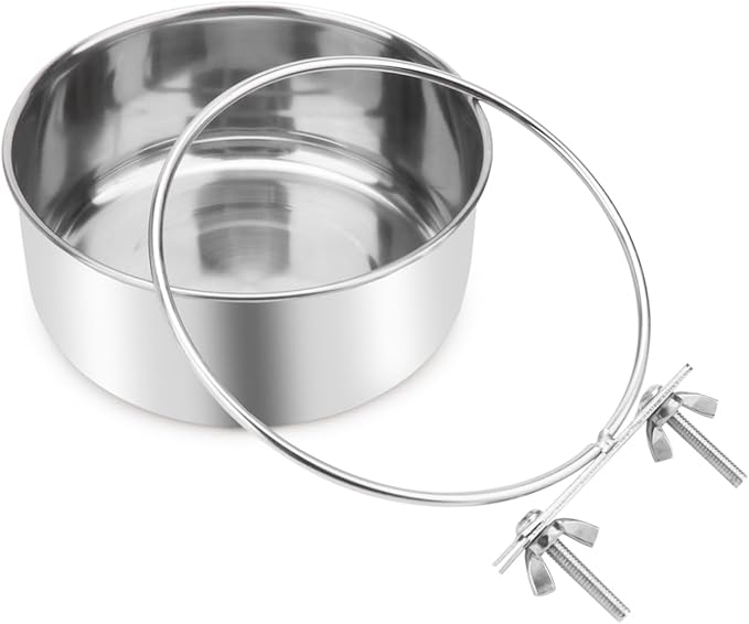 Wontee Pet Food Water Bowl with Clamp Holder Stainless Steel Feeding Cups Feeder for Dog Bird Parrot Cat Rabbit, 2 Packs (L)