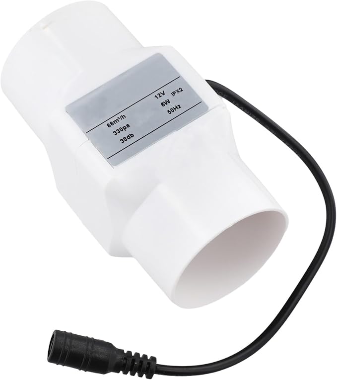 Duct Fan 12V 6W 2-Inch Inline Exhaust Blower, Quiet 38dB PVC Ventilation Fan for Kitchen, Bathroom, Chicken Coop, Warehouse Air Circulation, for 12V Solar Panel or Adapter(White)