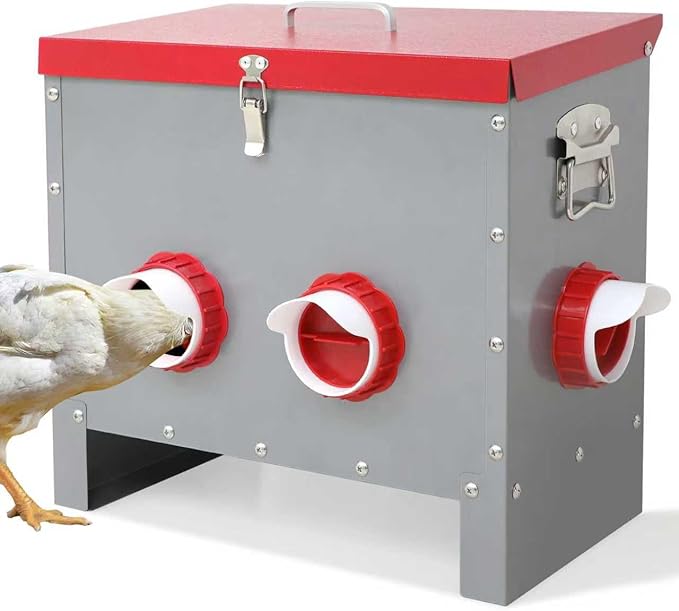 Automatic Chicken Feeder-40LB Metal Poultry Feeder No Waste with 6 Feeding Ports, Rat Proof Auto Chicken Feeders with Rust-Resistant Steel Frame, Locking Lid & Handle for Duck Geese Outdoor Use
