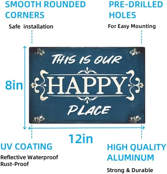 Vintage "This Is Our Happy Place" Sign – Metal Decorative Plaque for Home, Kitchen, Bedroom, Cafe, and Park – 8x12 Inches