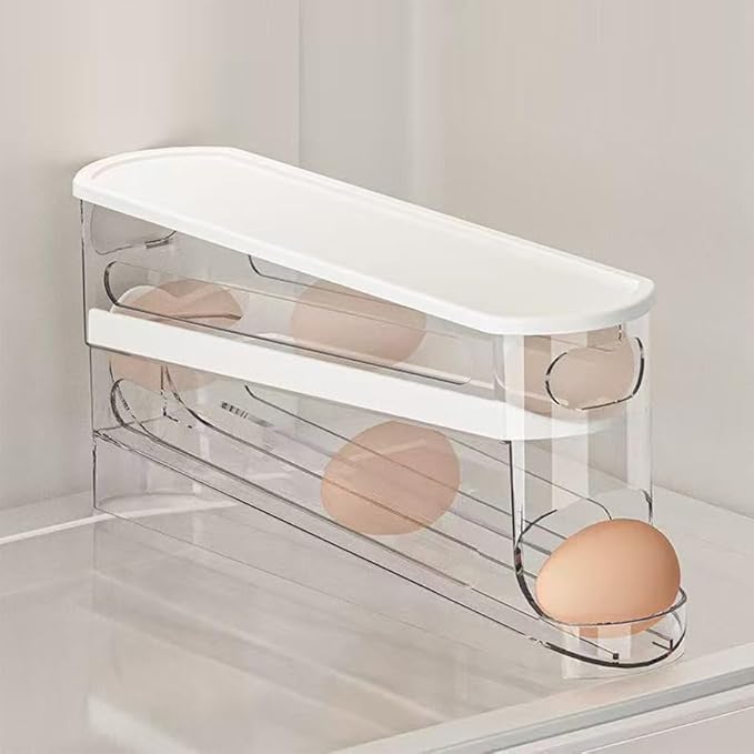 Auto-Rolling Egg Dispenser with Lid - Transparent Fridge Egg Organizer, Space-Saving Refrigerator Storage Box with Slide Design for Side Door, Stackable & Easy Access (1 Pack)