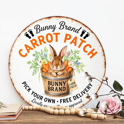 Bunny Brand Carrot Patch Round Aluminum Metal Sign Retro Rabbit in Barrel Farm Fresh Bunny - 8x8 Inch - Image 5