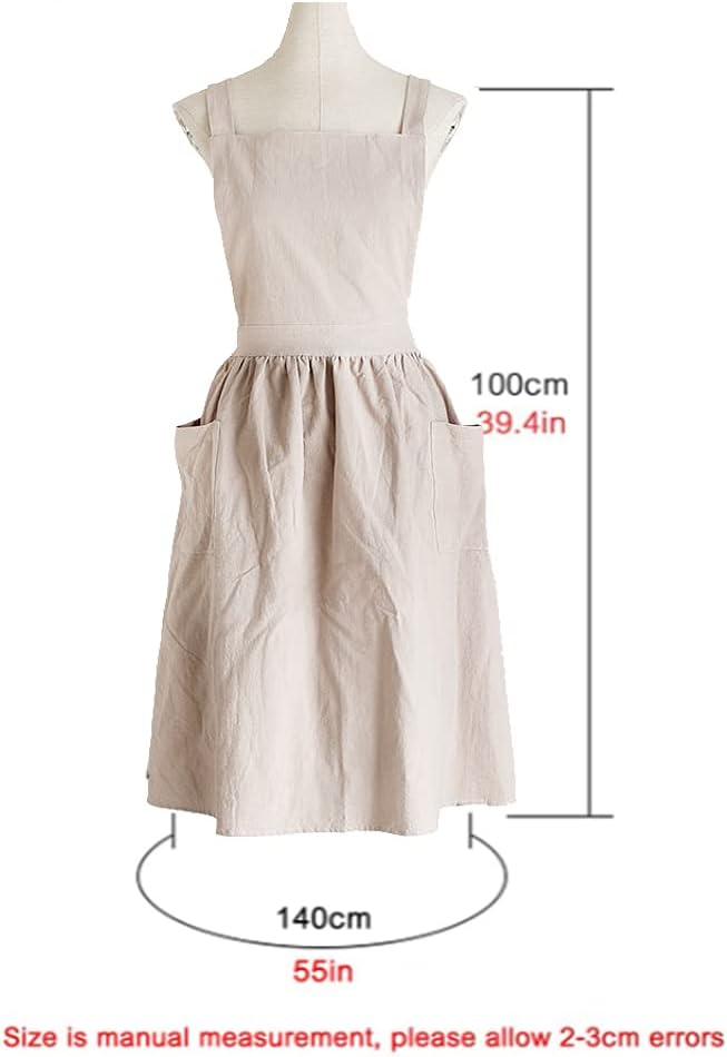 Cotton and linen Kitchen Cooking Aprons Dress for Women with Pockets Cute for Baking Painting Gardening Cleaning