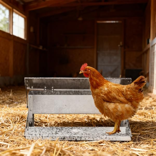 Treadle Chicken Feeder - Rodent Proof No Waste | Weatherproof Galvanized Steel Large Capacity Poultry Feeder for Chickens Ducks (Holds Grit/Oyster Shell, Silver)