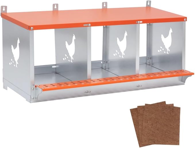 4-Bay Wall Mounted Metal Nesting Box for Chickens and Ducks, Heavy Duty Galvanized Steel Chicken Coop Laying Nest with Ventilation Holes, Orange (3-Orange)