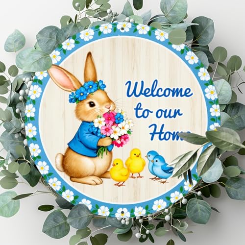 Welcome to Our Home Round Aluminum Metal Sign Retro Bunny with Blue Flowers Chicks Sign - 8x8 Inch - Image 4