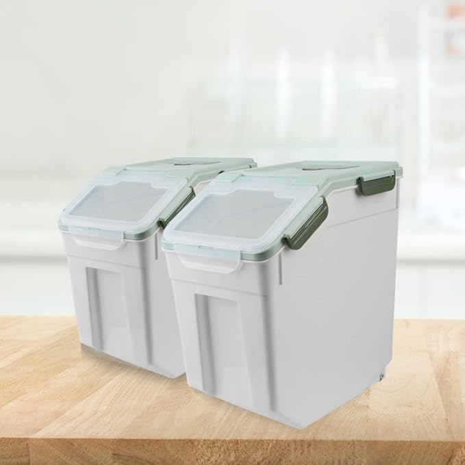 Large Flour Storage Container 25lbs, (4 Pack) BPA Free Rice Dispenser Bin with Locking Lid & Wheels, Measuring Cup, Scoop Kitchen Pantry Organizer for Flour, Rice, Grain, Cereal, Dog Food (Green)
