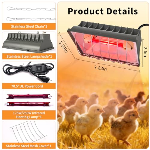 250W Chicken Coop Heat Lamp with Guard & Adjustable Temp - 1 Pack, 1 Pack-Grey, Aluminum - Image 3