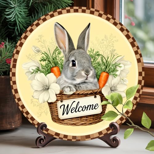 Welcome Bunny in Basket Round Aluminum Sign Retro Gray Rabbit with Carrots White Flowers - 8x8 Inch - Image 3