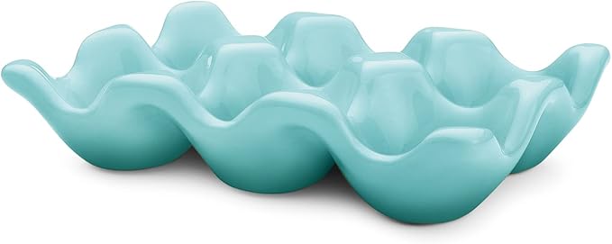 Flexzion Ceramic Egg Holder for Fridge - 6 Cups Egg Tray Half Dozen Porcelain Container Keeper Storage Organizer Decorative Serving Dish Serveware for Refrigerator Countertop Display Kitchen (Blue)