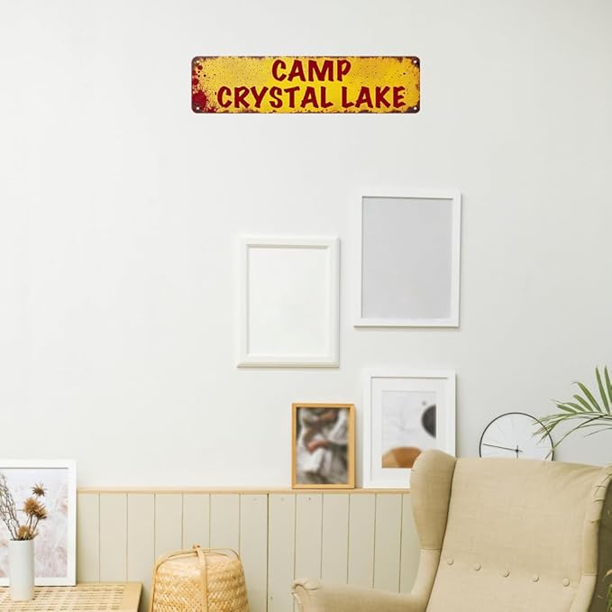 Horror Decor Camp Crystal Lake Street Sign Vintage Metal Tin Signs Horror Movie Decor Halloween Posters Man Cave For Home Kitchen Bathroom Wall Decorations 16x4 Inches