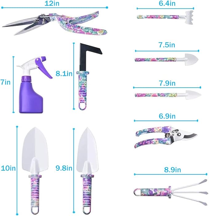 Gardening Tools, LEKEONE 10 Pieces Garden Tools with Floral Print, Ergonomic Handle Trowel Rake Weeder Pruner Shears Sprayer,Gardening Supplies with Carrying Case Gifts for Women
