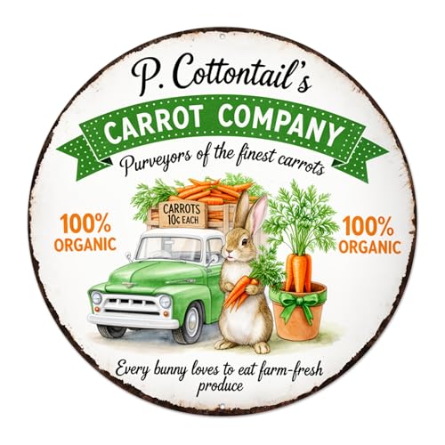 P. Cottontail's Carrot Company Round Aluminum Metal Sign Retro Rabbit Carrots Every Bunny - 8x8 Inch by Generic