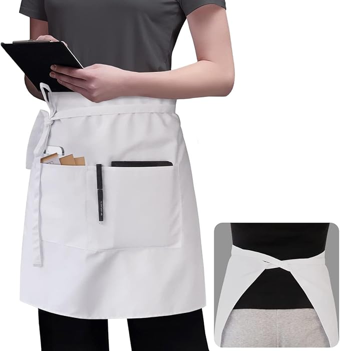 ROTANET Server Apron Black with 3 Pockets 18 Inch Long Waiter Waitress Bistro Half Waist Aprons for Women Men Waterproof