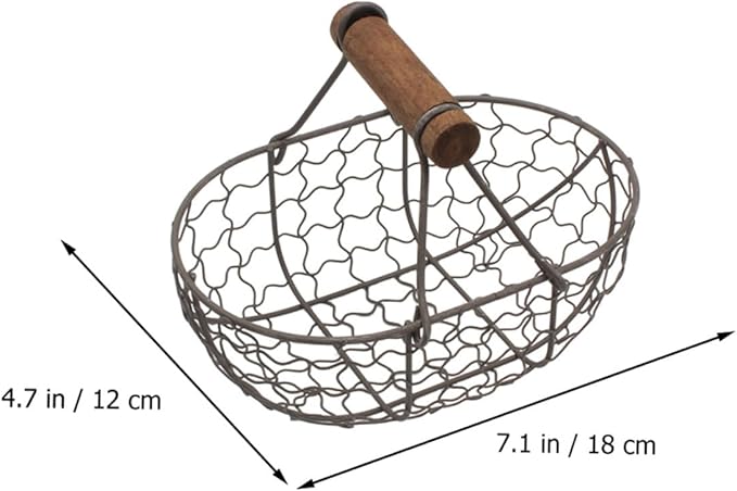 2pcs Farmhouse Style Wire Egg Basket with Wooden Handle, Small Metal Mesh Storage Basket for Kitchen Fruit, Bread, and Egg Organization in Gray Black