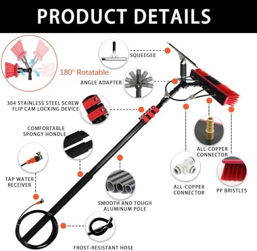 WaterFed Window Cleaning Pole with Brush Squeegee & Soap DispenserEfficient Solar Panel & Glass Cleaning Tool for Easy Reach and StreakFree Shine