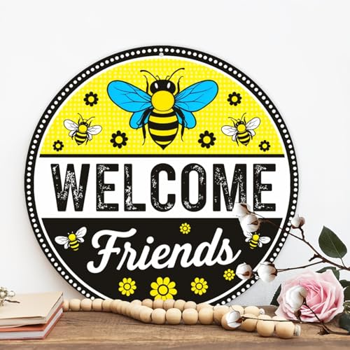 Welcome Friends Round Aluminum Metal Sign Retro Yellow Black Bees Flowers for Home Cafes - 8x8 Inch - Image 5