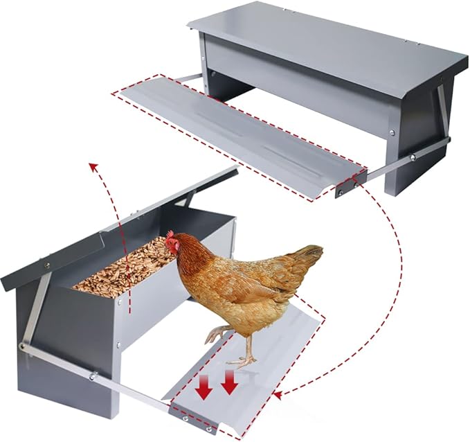 Automatic Chicken Feeder 5L Treadle Galvanized Steel Poultry Feeders Self-Opening Automatic Food, with Weatherproof Lid Rain Cover for Roosters Pheasant Chicken Outdoor Coop