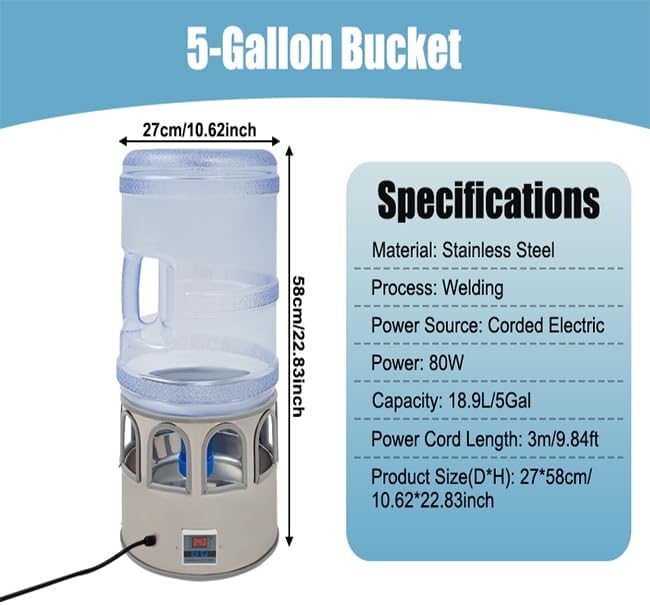 Chicken Water Heater with 5 Gallon Bucket, Heated Poultry Waterer with LED Display, Temp Adjustable(32-122℉), 80W, All-Season Use