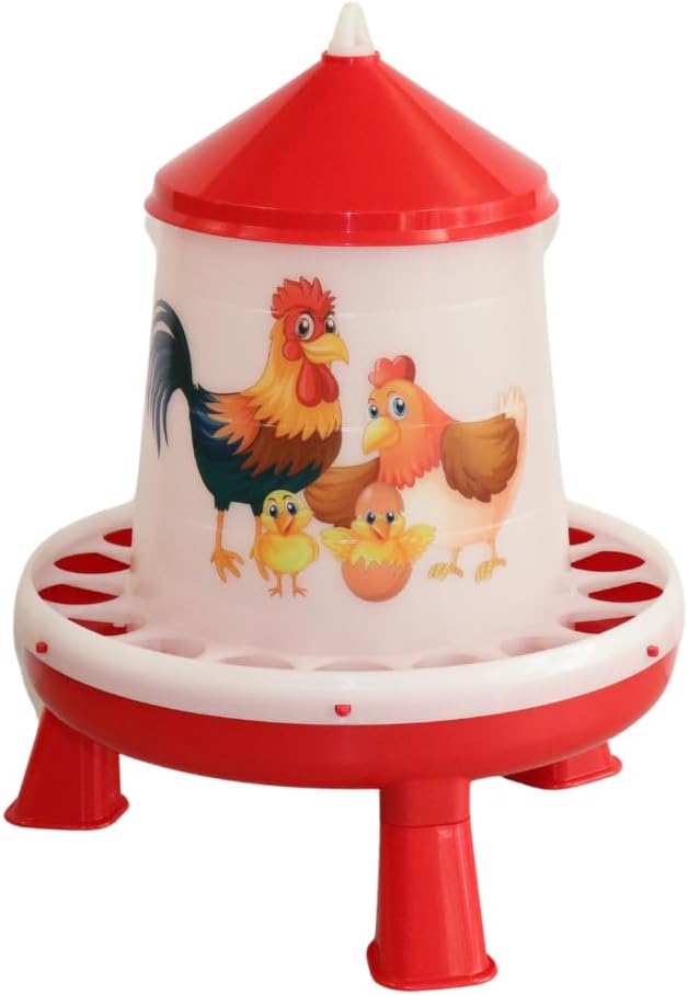 Little Giant® Plastic Poultry Feeder - Chicken Feeder with Twist Lock Base and Removable Legs - Cartoon Illustrations - Fits Up to 8 Pounds of Poultry Feed (Red, 4 Pound)