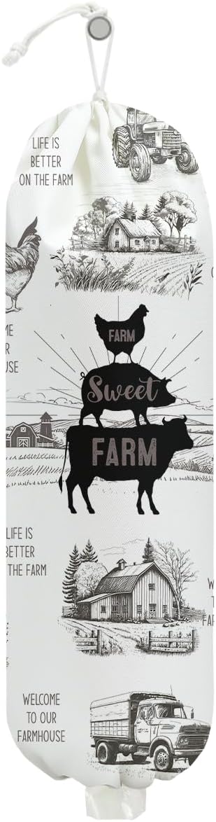 Rustic Sweet Farm Animals Plastic Bag Holder for Kitchen Essentials, Wall Mount Grocery Bag Holder for Plastic Bags, Cow Pig Chicken Reusable Grocery Bags Storage Dispenser for Home Kitchen Farmhouse