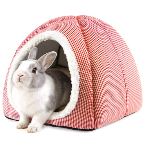 Rabbit Hideout Bed for Large Bunnies, Soft Plush Bunny House - Red, Polyester by Tierecare