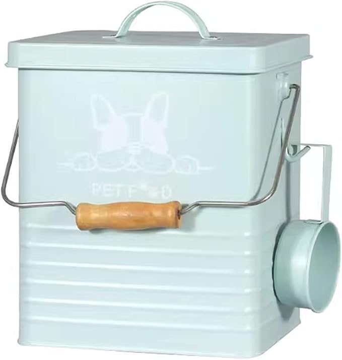 15 Lb Container for Dog Food, Wooden Handle, Pet Food Storage Containers for All Pet Food, Galvanized Iron Air-tight Dog Food Containers, Farm Dog Food Containers (Mint Green)