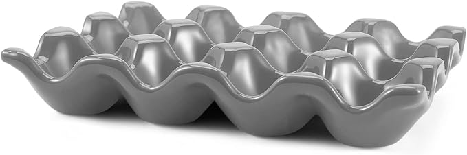 Flexzion 12 Cups Ceramic Egg Holder for Fridge - Dozen Ceramic Egg Tray Porcelain Container Storage Organizer Decorative Serving Stand Serveware for Refrigerator Countertop Display (Gray)