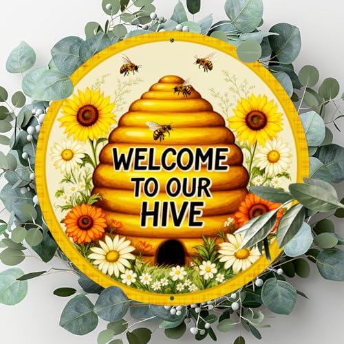 Welcome to Our Hive Round Aluminum Sign Retro Sunflowers Sign for Home Farmhouse Wall - 8x8 Inch - Image 4
