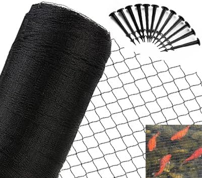 JUNFLYING 20x30 Ft Pond Netting for Leaves, 1/2 in Fine Mesh, Strong Woven Koi Fish Net Cover, Against Birds, Cats & Predators, Stakes Included