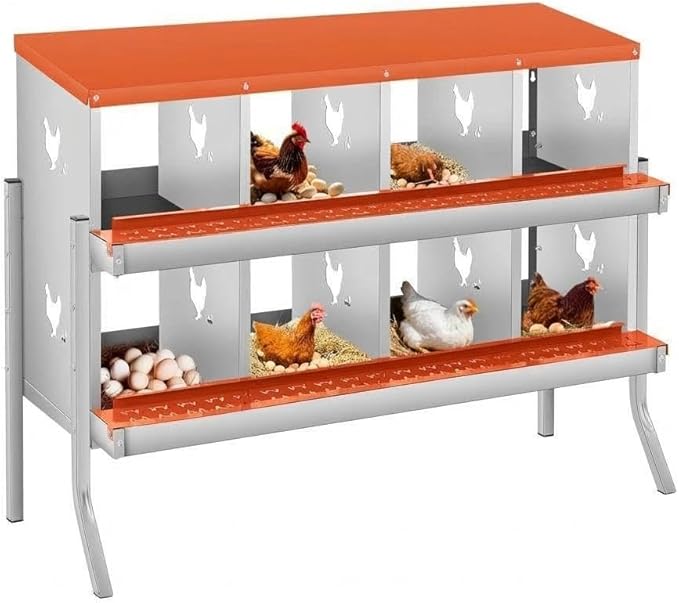 Two-Tier Removable Tray Design - Metal Chicken Nesting Box for Small Animals - 8 Compartments, Large Vented Holes, Wall-Mount or Stand, Easy Clean & Egg Collection - Red, 8 Compartments ZW