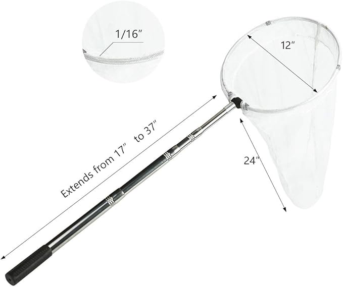RESTCLOUD Insect and Butterfly Net with 12" Ring, 24" Net Depth, Strong Stainless Telescoping Handle Extends to 38 Inches