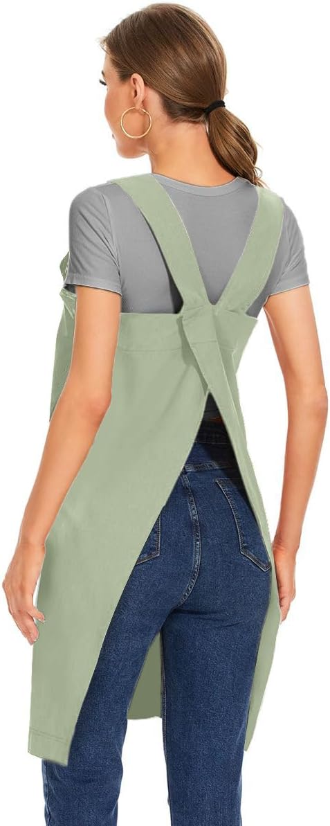 Larmliss Women's Cotton Cross Back Apron Pinafore Dress with Big Pockets Loose Square Apron for Baking Cooking Gardening