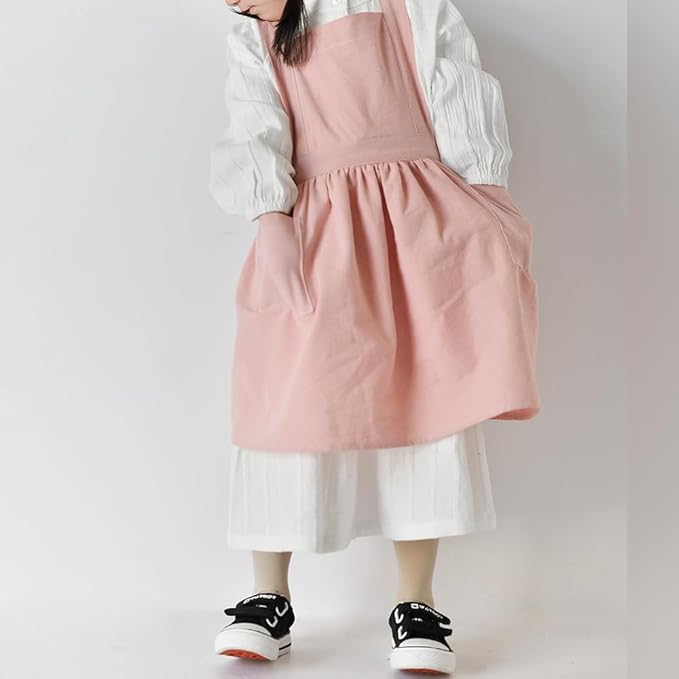 IWEMEK Kids Aprons for Girls Cooking Child Cotton Linen Apron Dress with Pockets Art Baking Gardening Painting Apron Pinafore